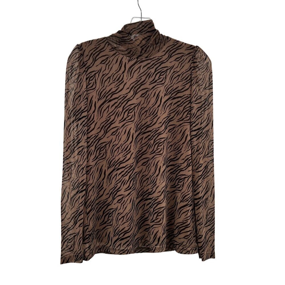 Jane & Delancey Animal Print Mock Neck Top Long Bishop Sleeve Brown Size Small